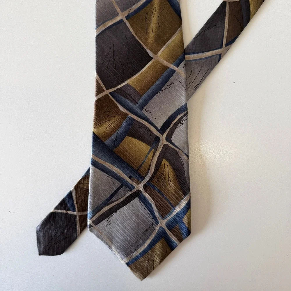 Murano Italia Mens Silk Necktie Geometric Abstract Gold Blue Grey Brown 4‎ Inch